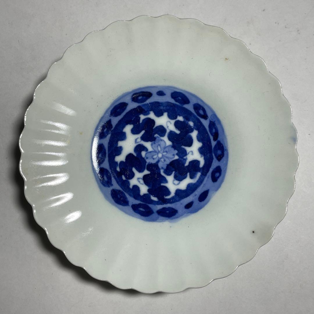 ◆染付菊形輪花皿7枚 花文 小皿中皿 旧家蔵出し品 美品 江戸幕末期〜明治初期◆