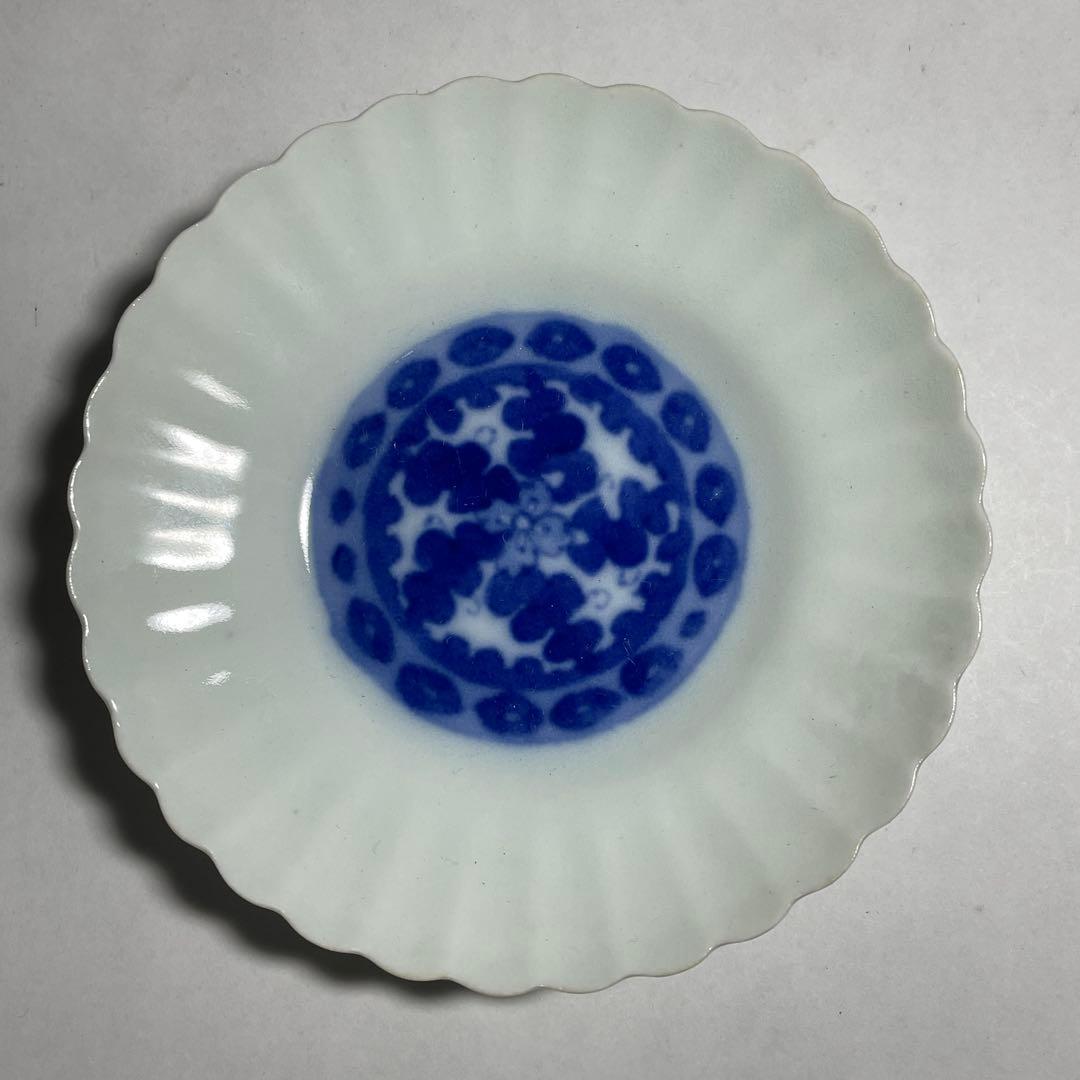 ◆染付菊形輪花皿7枚 花文 小皿中皿 旧家蔵出し品 美品 江戸幕末期〜明治初期◆