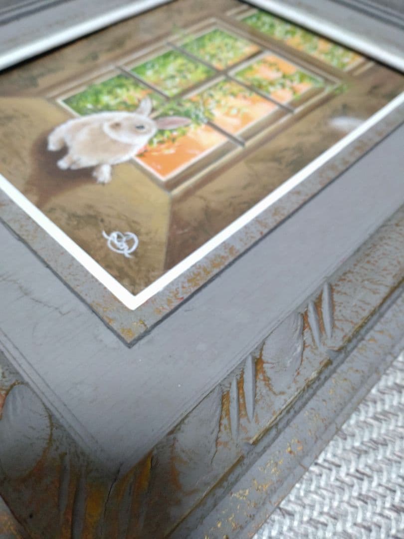 兎の油絵【耳をすます】1点物の原画/作詞サイン入り◆額縁付属