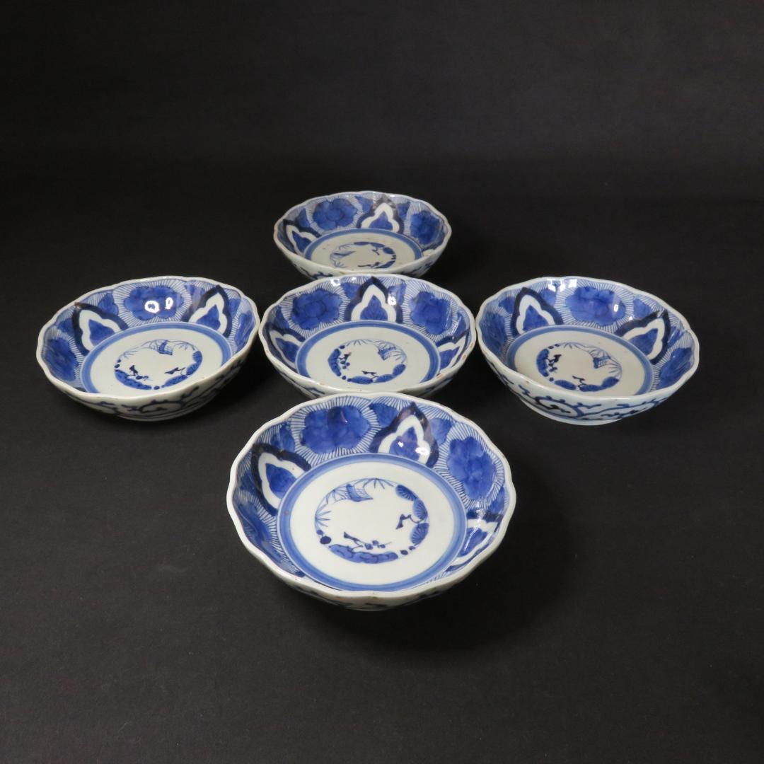 なます皿 5枚 江戸 蛇の目 唐草 松竹梅 窯傷 歪み 蔵出し