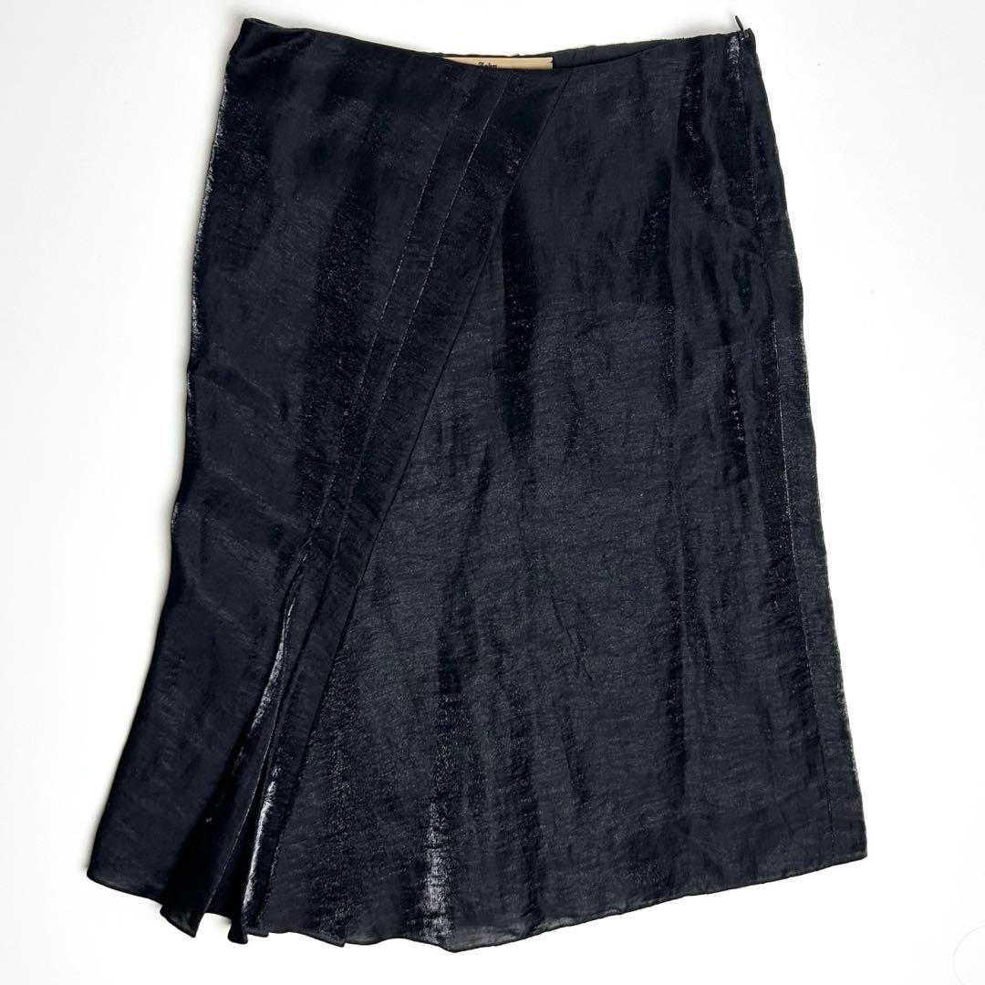 【美品】ジョンガリアーノ/アシンメトリータックスカート/ブラック/シルク/光沢