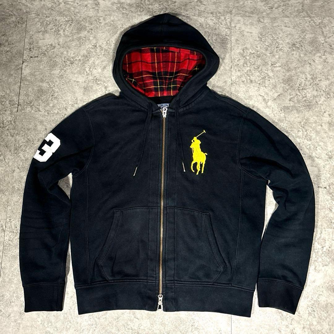 ポロ ラルフローレン UNISEX ビッグポニー ジップパーカー 黒 裏チェック