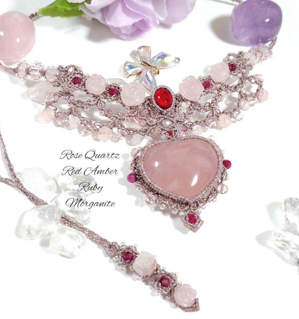 ♡ローズクォーツ　レッドアンバー　ピンクトルマリンなどマクラメネックレス