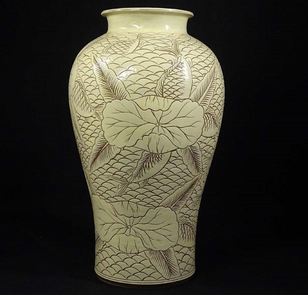 時代物 韓国美術 龍岩窯 鯉陰刻 花瓶 高約36cm 花器 箱付 c06193