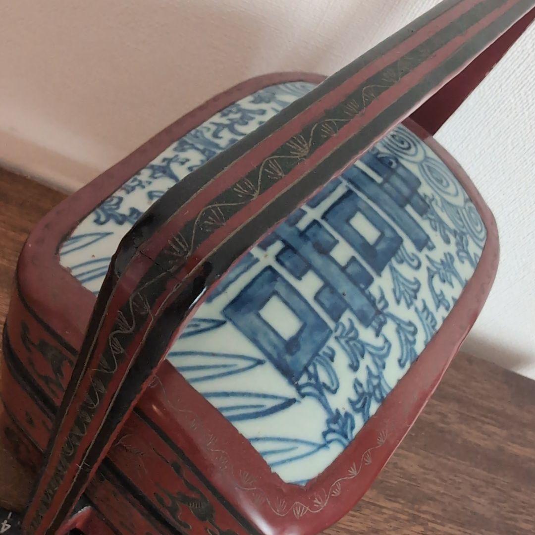 中国古玩　古染付上蓋　三段取手付重　漆器 菓子器・喰籠 古美術　骨董