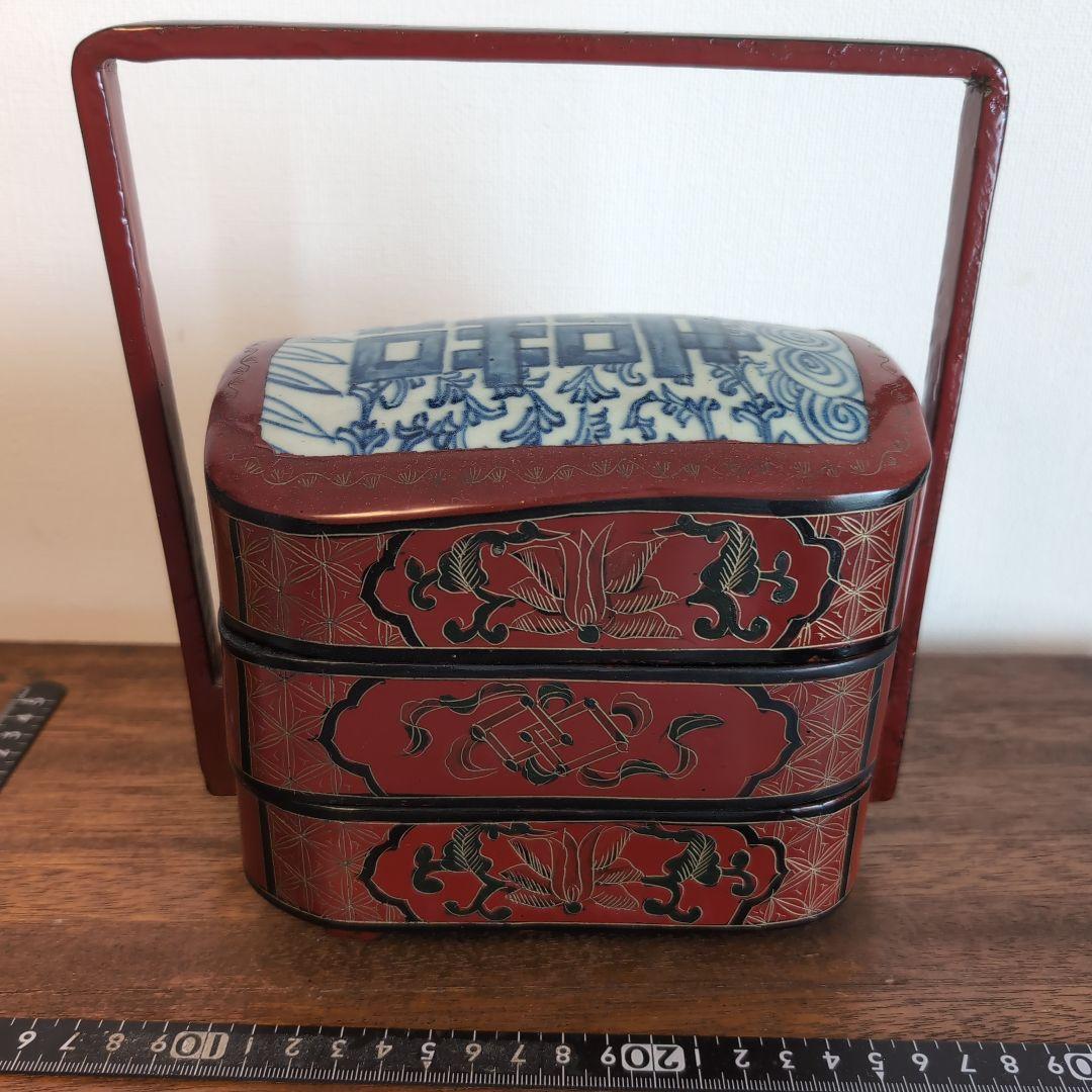 中国古玩　古染付上蓋　三段取手付重　漆器 菓子器・喰籠 古美術　骨董