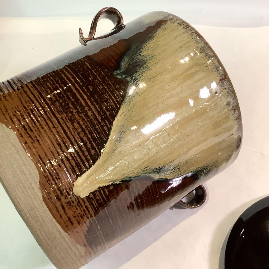 【茶道具】鬼丸雪山作　高取焼　耳付水指　塗蓋