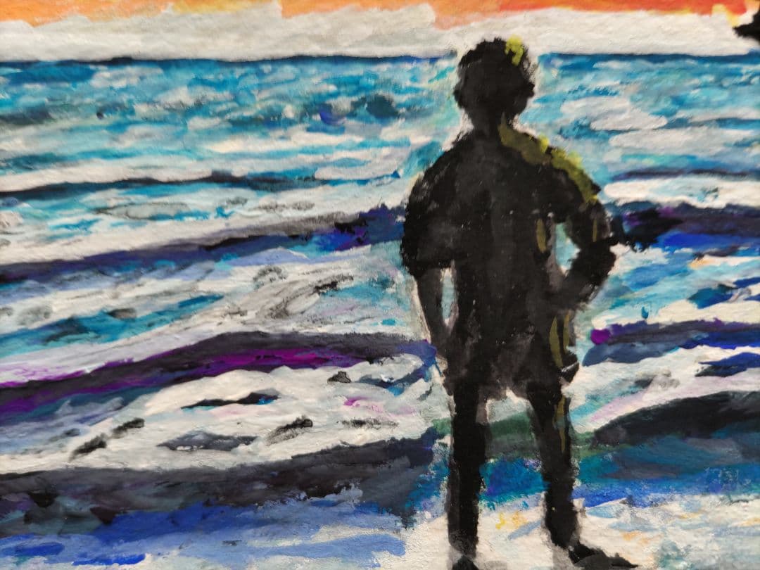 【一点物原画】夕暮れの海と船 F6号　アクリル画