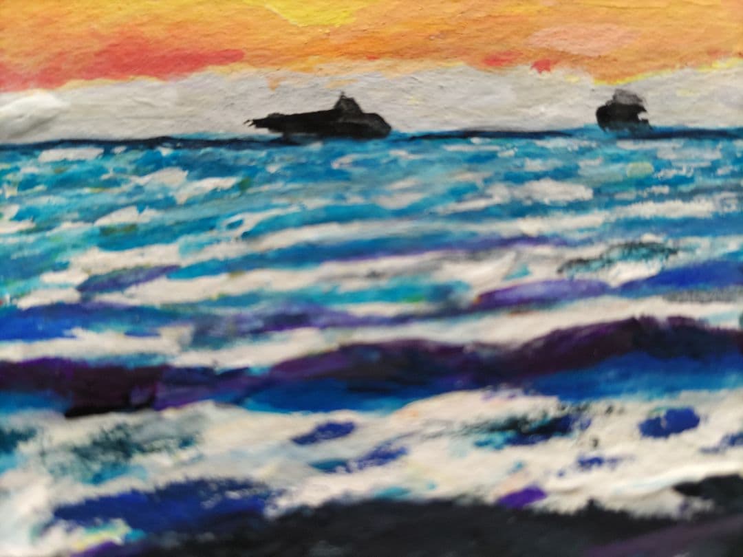 【一点物原画】夕暮れの海と船 F6号　アクリル画