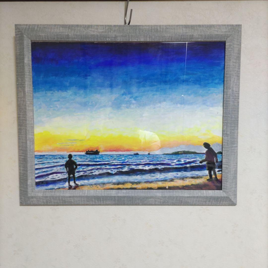 【一点物原画】夕暮れの海と船 F6号　アクリル画