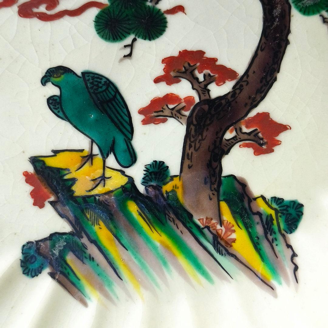 古九谷 中皿 角福 手描き 鷲風景文 口紅あり 江戸骨董 古美術 コレクター放出