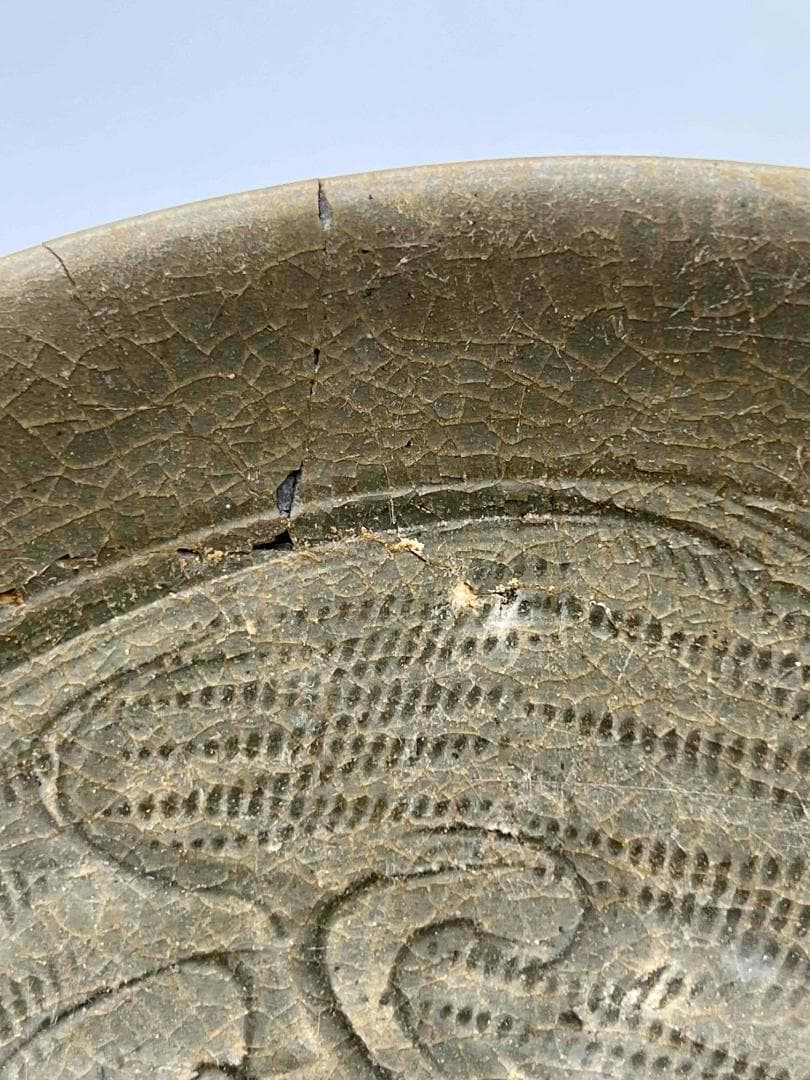 宋時代　青磁　越州窯刻花文碗　茶鉢　越窯 唐物　古賞物　時代物（F117）