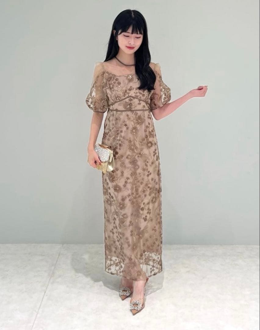 【新品未使用】Leja フラワーディテールパフスリーブIラインワンピースドレス