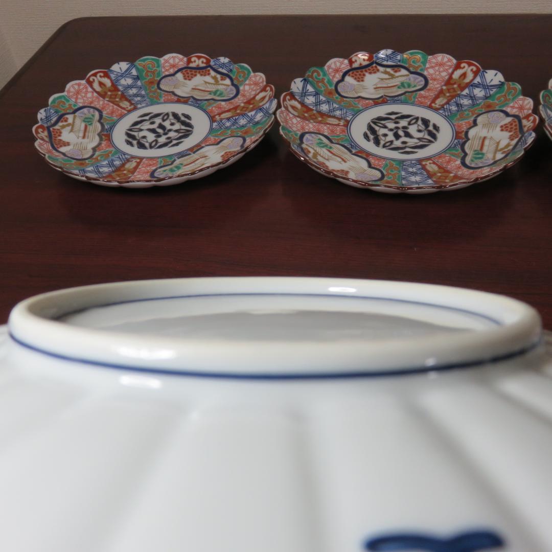 丸皿 林九郎 三方割元禄地紋 和文 花弁縁 色絵付 金彩 5枚