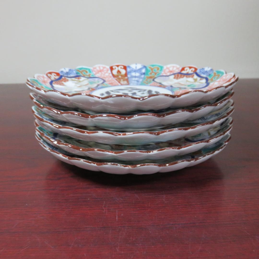 丸皿 林九郎 三方割元禄地紋 和文 花弁縁 色絵付 金彩 5枚