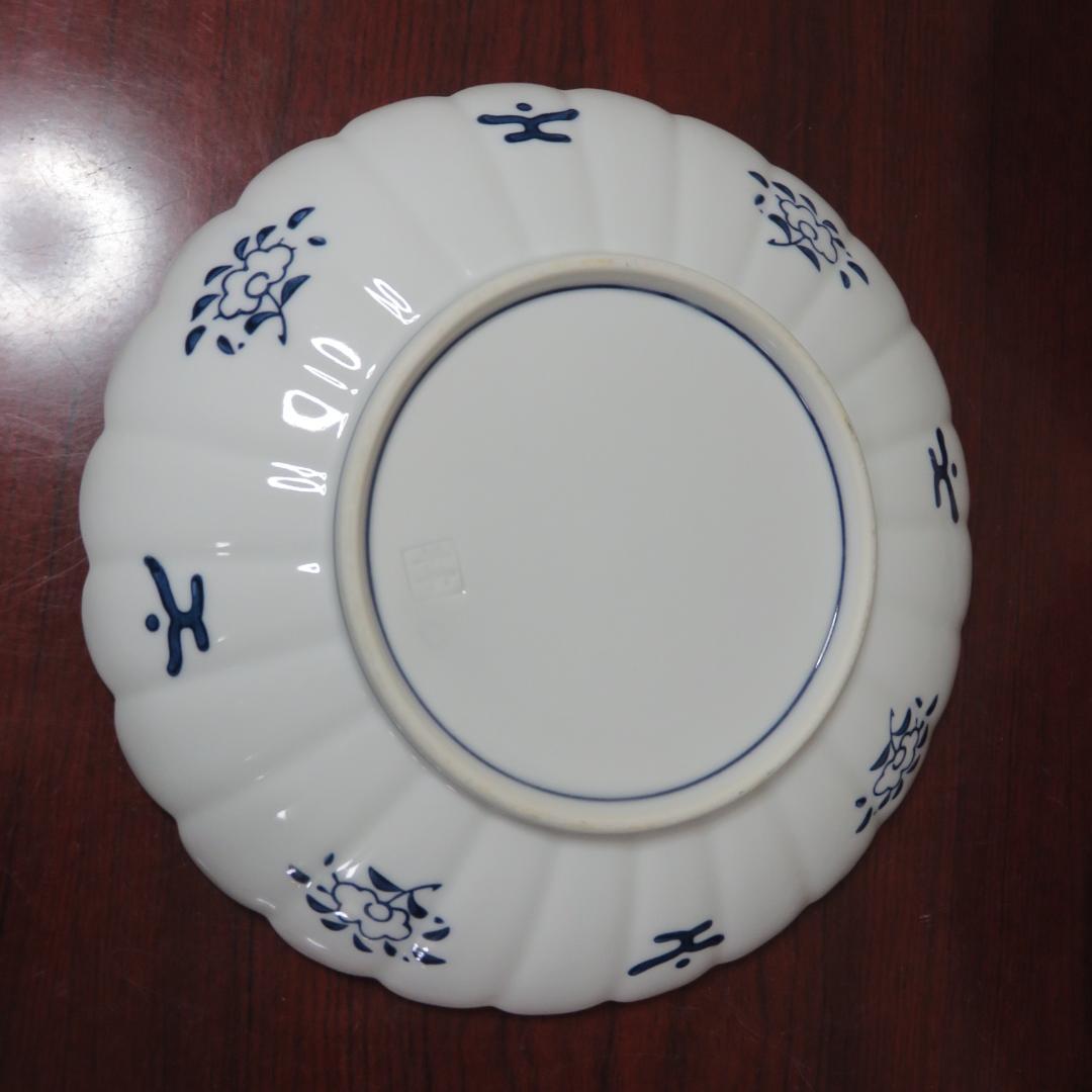 丸皿 林九郎 三方割元禄地紋 和文 花弁縁 色絵付 金彩 5枚