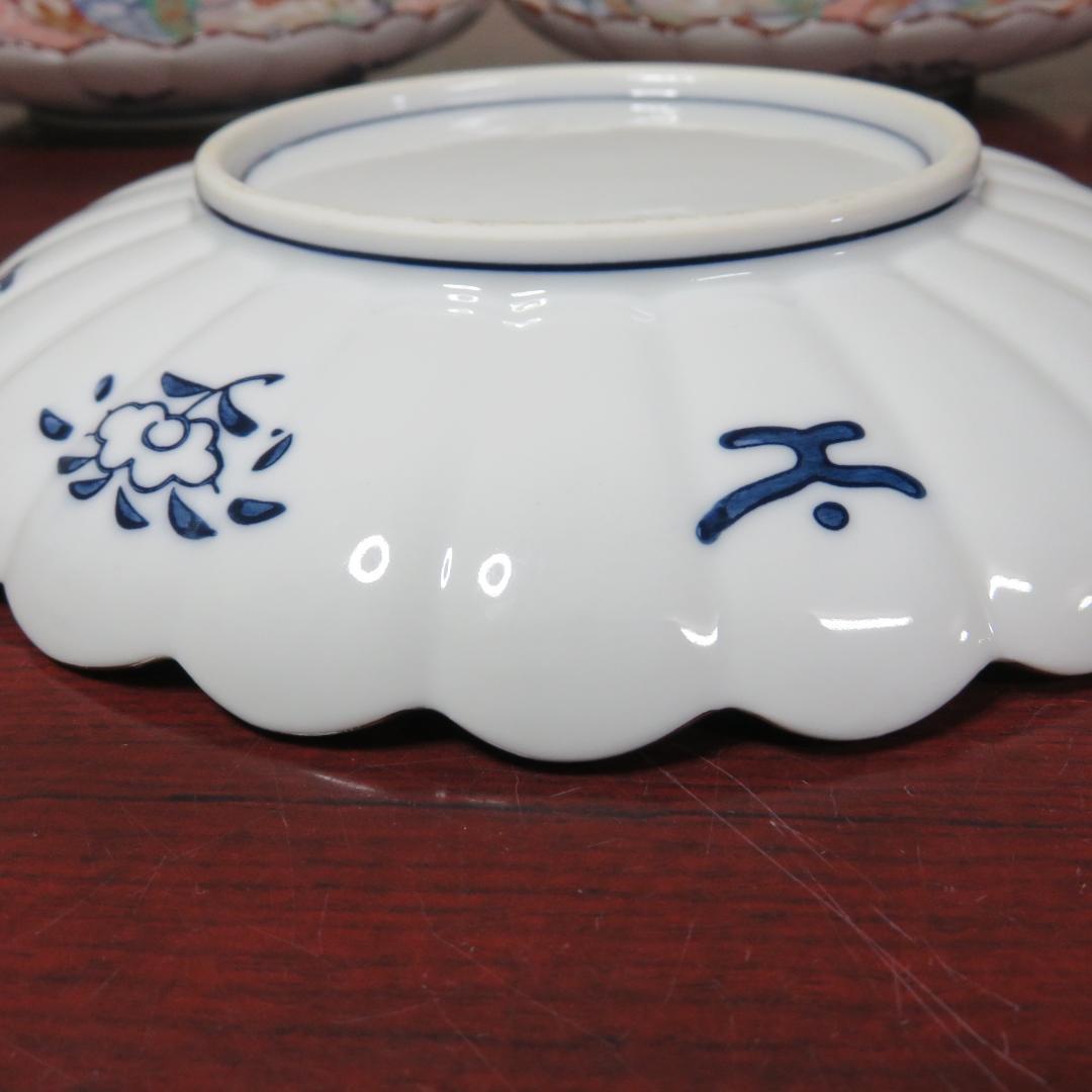 丸皿 林九郎 三方割元禄地紋 和文 花弁縁 色絵付 金彩 5枚