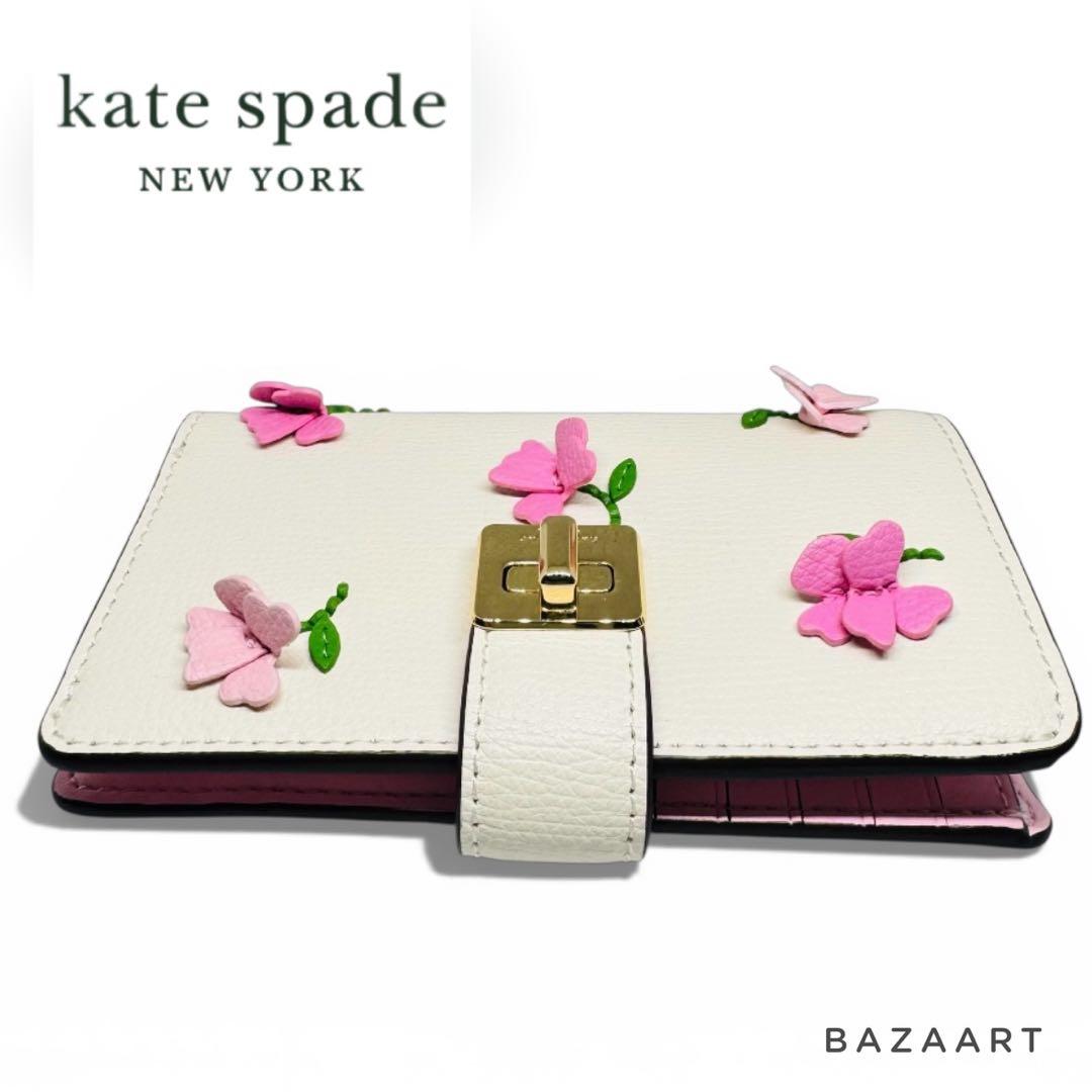 kate spade ケイトスペード 二つ折り財布 レザー フローラルアップリケ