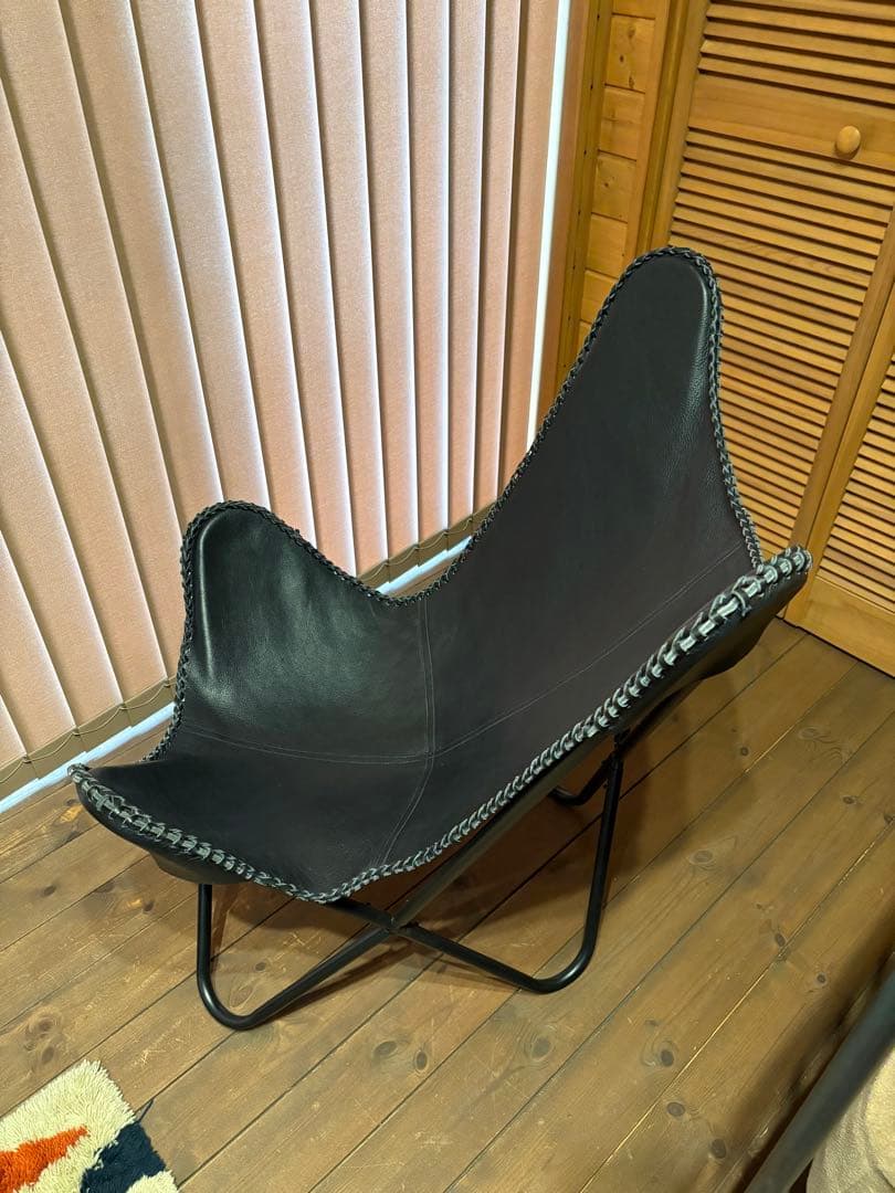 美品 ビカーサ購入 黒レザー バタフライチェア 手縫い 本革