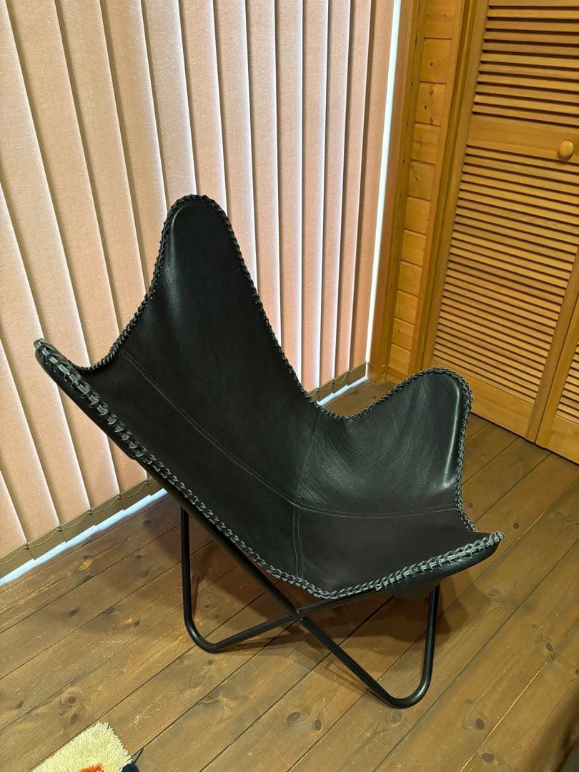 美品 ビカーサ購入 黒レザー バタフライチェア 手縫い 本革