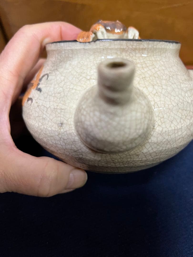 骨董　急須　煎茶道具　貫入　かに彫刻　アンティーク急須