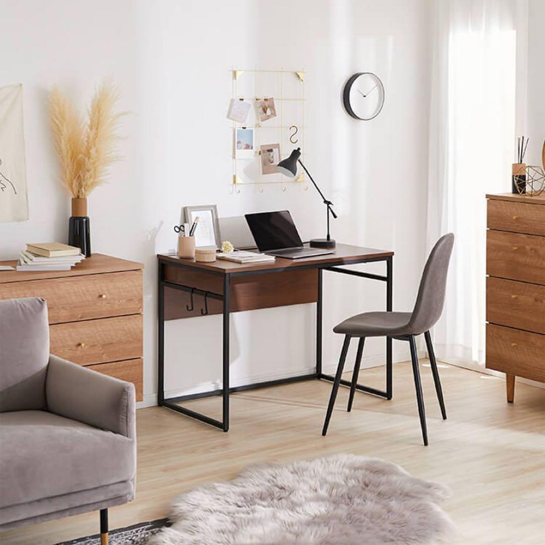 【LOWYA】木目調パソコンデスク 幅98 多目的　タップ収納 スチール