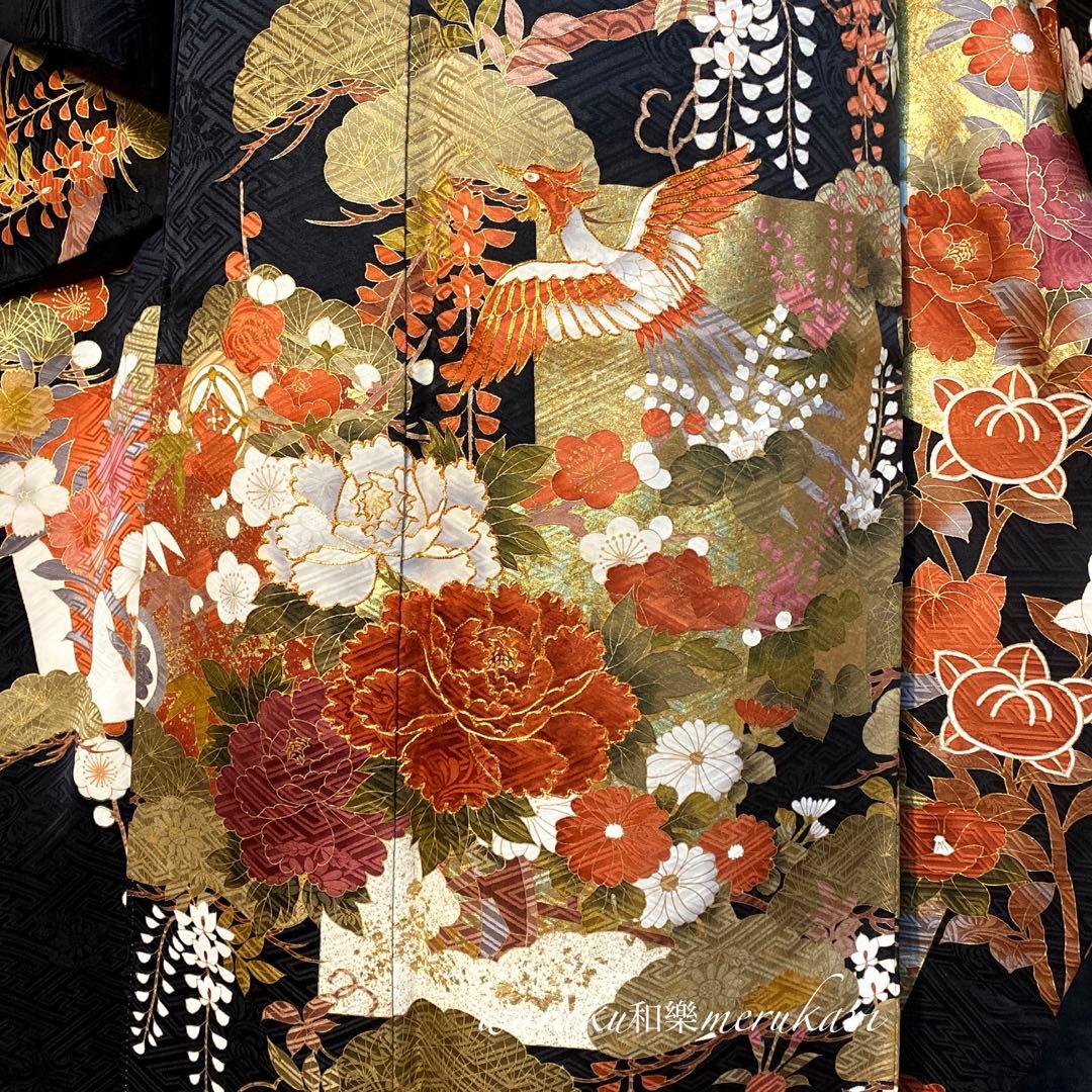 ◾️黒地橘牡丹鶴紋地紋入り正絹◾️金駒金彩加工◾️逸品新品袋帯お仕立て付き◾️フルセット