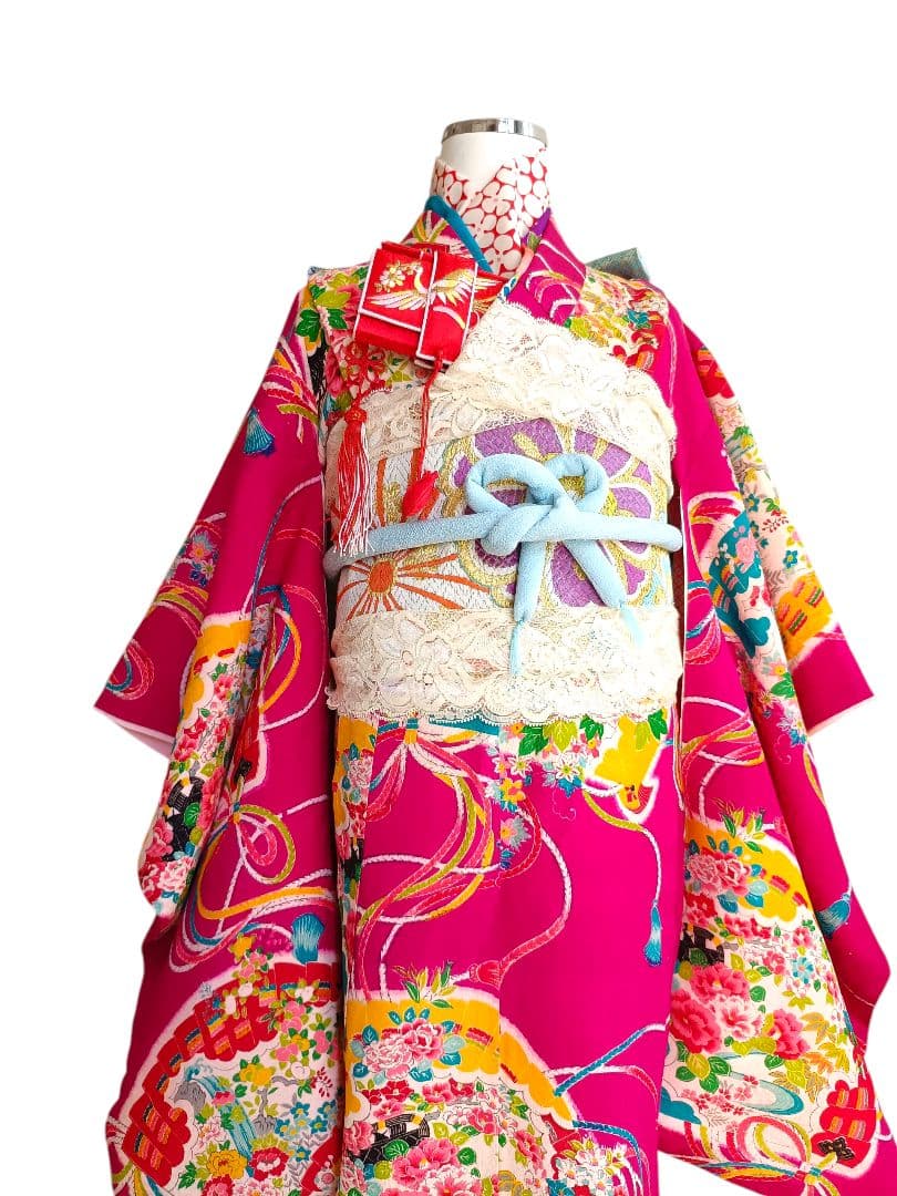 アンティークマゼンダピンクの着物にだらり帯☆七五三フルセット