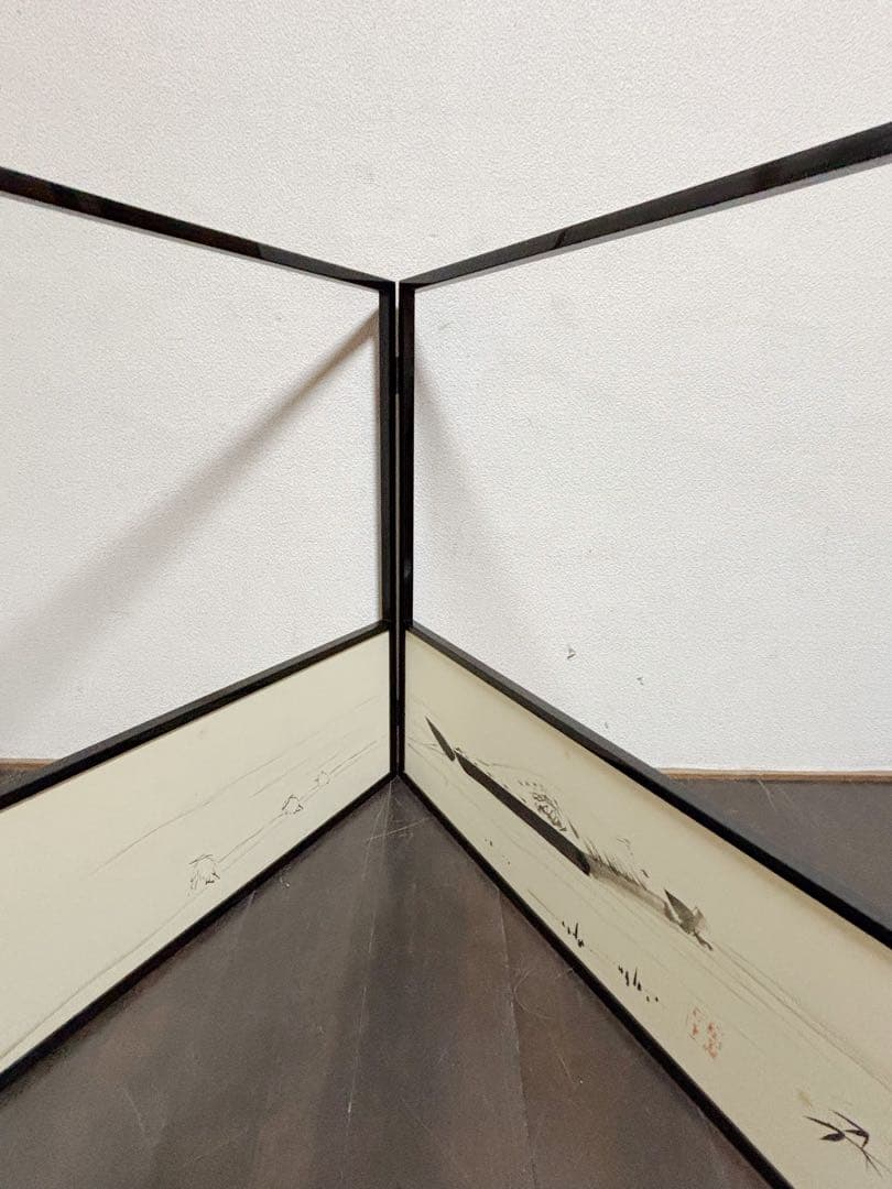 茶道具 堀内宗完 宗匠 自筆 曳舟図 如心斎好 腰風風炉先屏風 黒缘 書付 花押