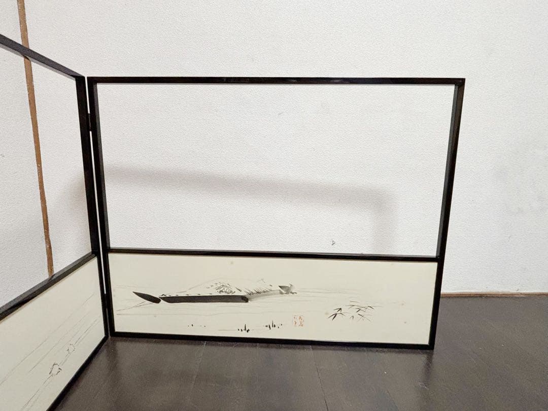 茶道具 堀内宗完 宗匠 自筆 曳舟図 如心斎好 腰風風炉先屏風 黒缘 書付 花押