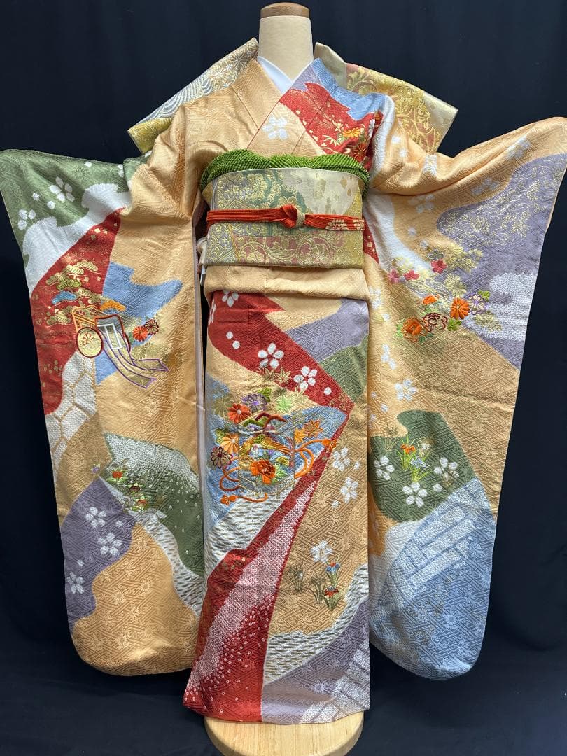 逸品 千總 桶絞り 刺繍 薄黄色オレンジ地染め分け振袖 単品