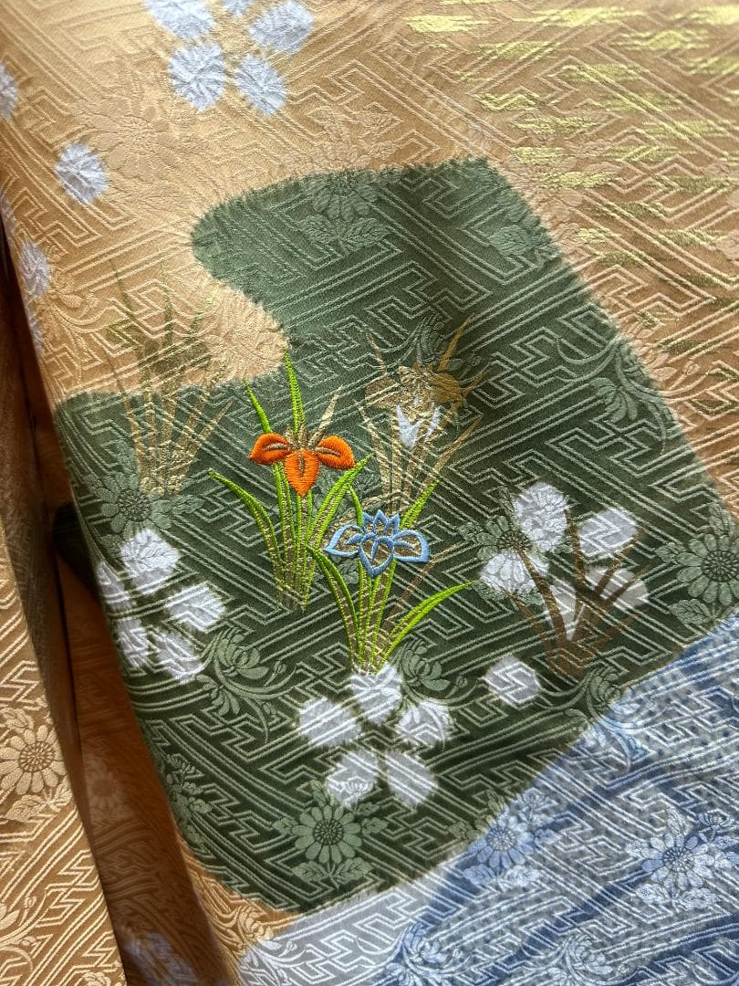 逸品 千總 桶絞り 刺繍 薄黄色オレンジ地染め分け振袖 単品