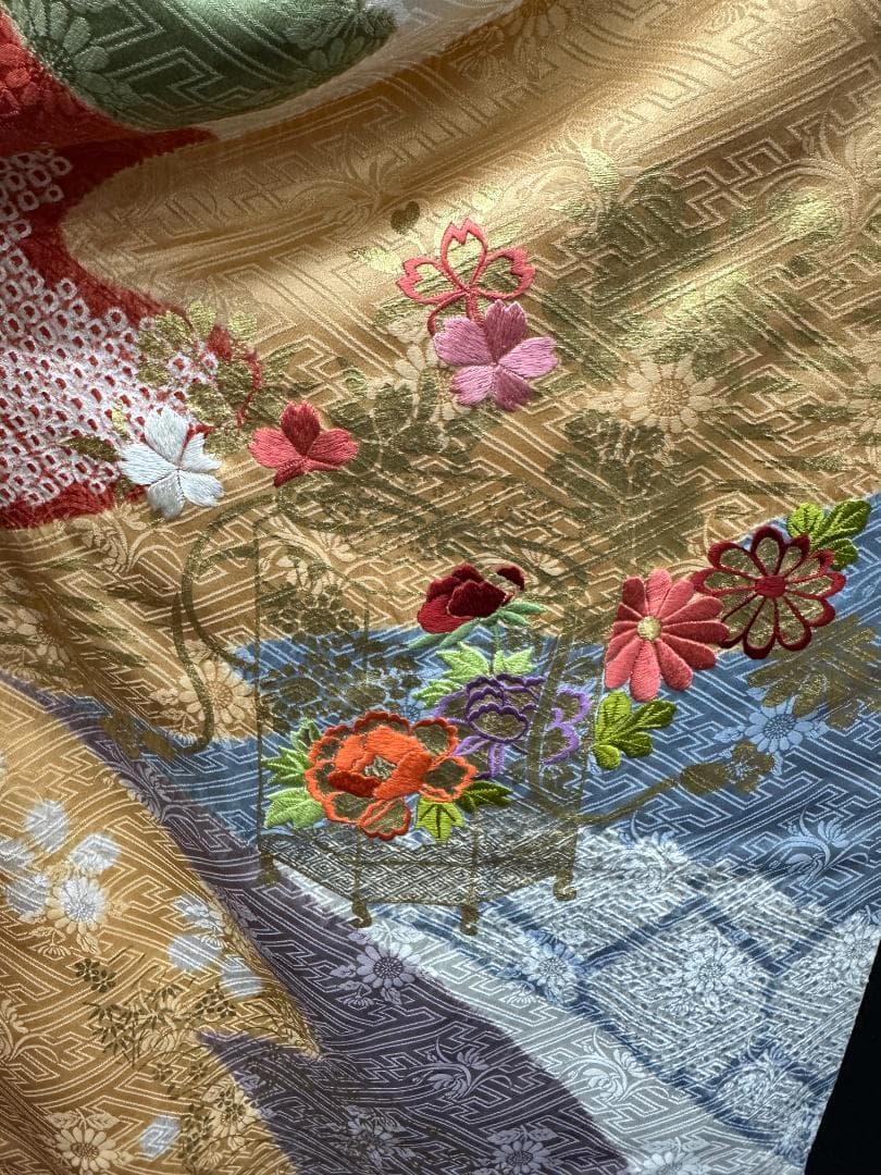 逸品 千總 桶絞り 刺繍 薄黄色オレンジ地染め分け振袖 単品