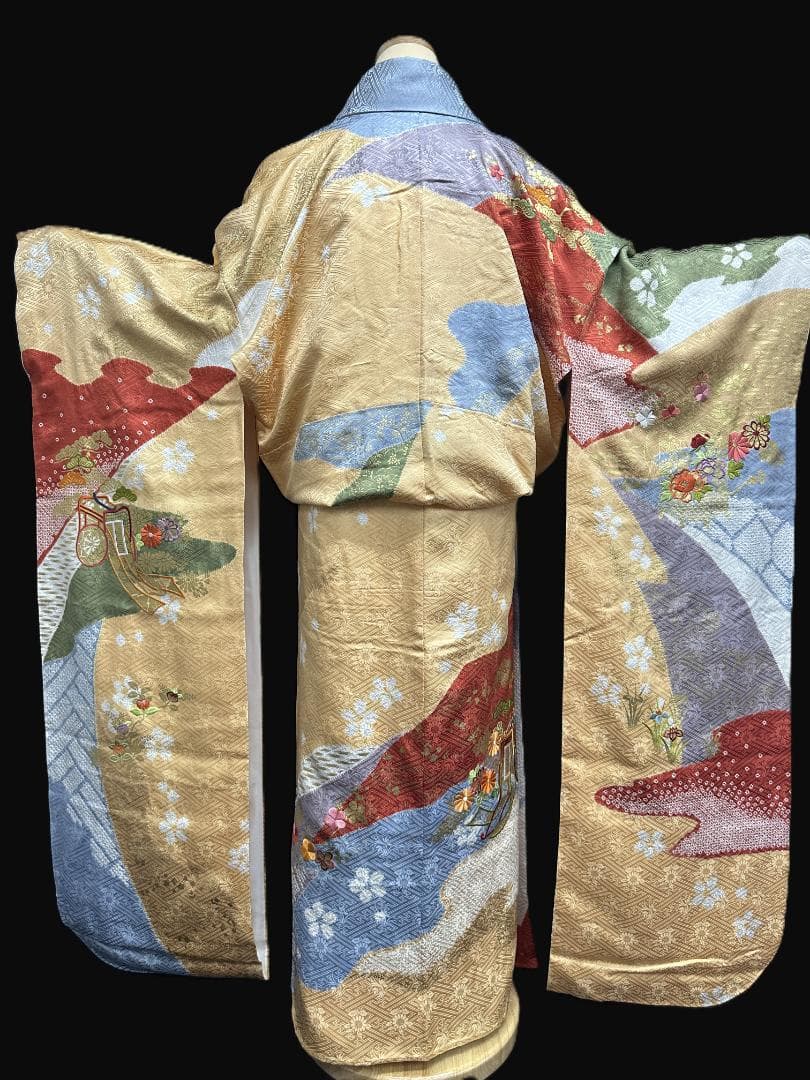 逸品 千總 桶絞り 刺繍 薄黄色オレンジ地染め分け振袖 単品