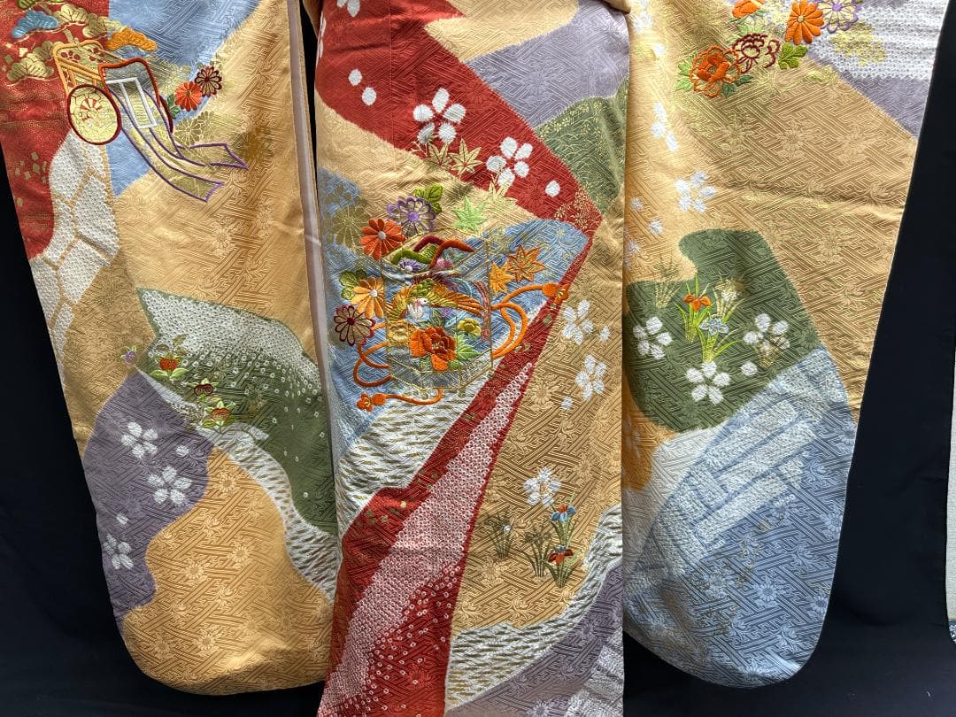 逸品 千總 桶絞り 刺繍 薄黄色オレンジ地染め分け振袖 単品