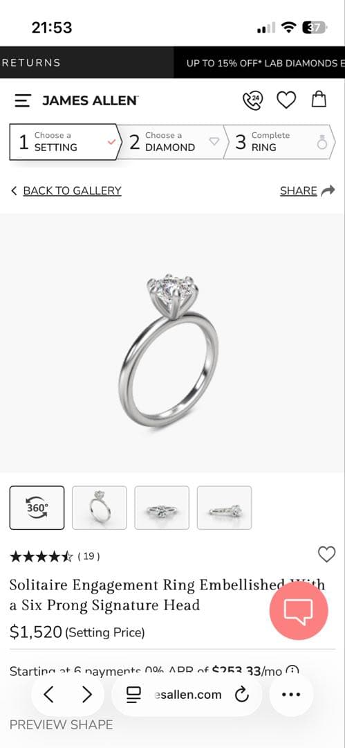 James Allen 婚約指輪 ラボ1.09ct+プラチナ 鑑定書付き