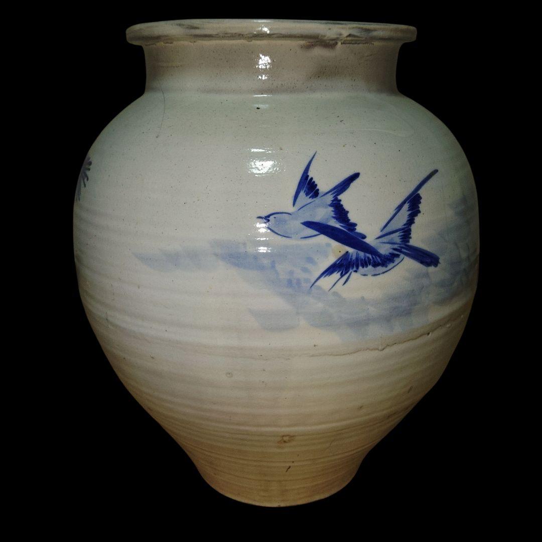 越後豊栄　太丘焼　四君子染付壺　明治美術　骨董品