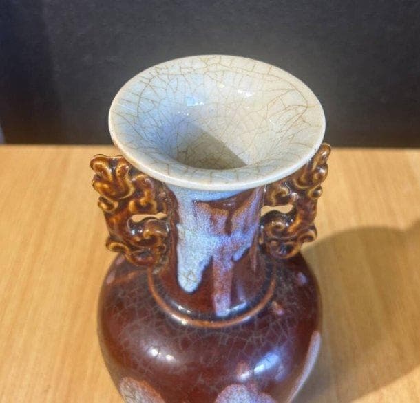 S8010　古美術　中国　金窯　紅袖　双目花瓶　飾壺　花瓶　花器