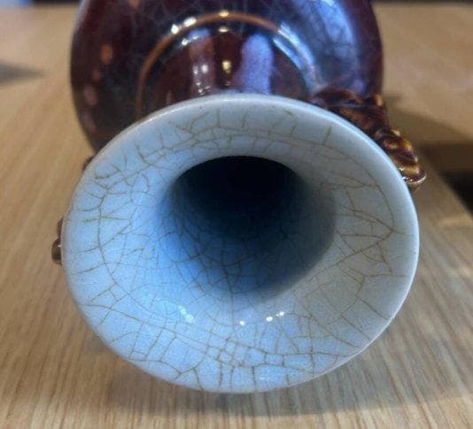 S8010　古美術　中国　金窯　紅袖　双目花瓶　飾壺　花瓶　花器