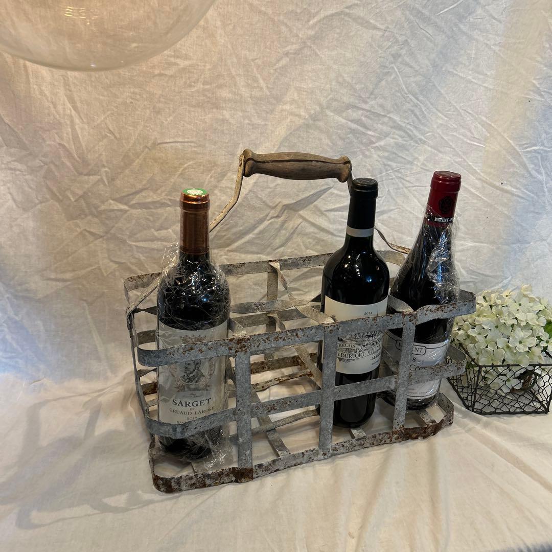 シャビー　フランスアンティーク ワインラック ワインキャリー8本 木製ハンドル