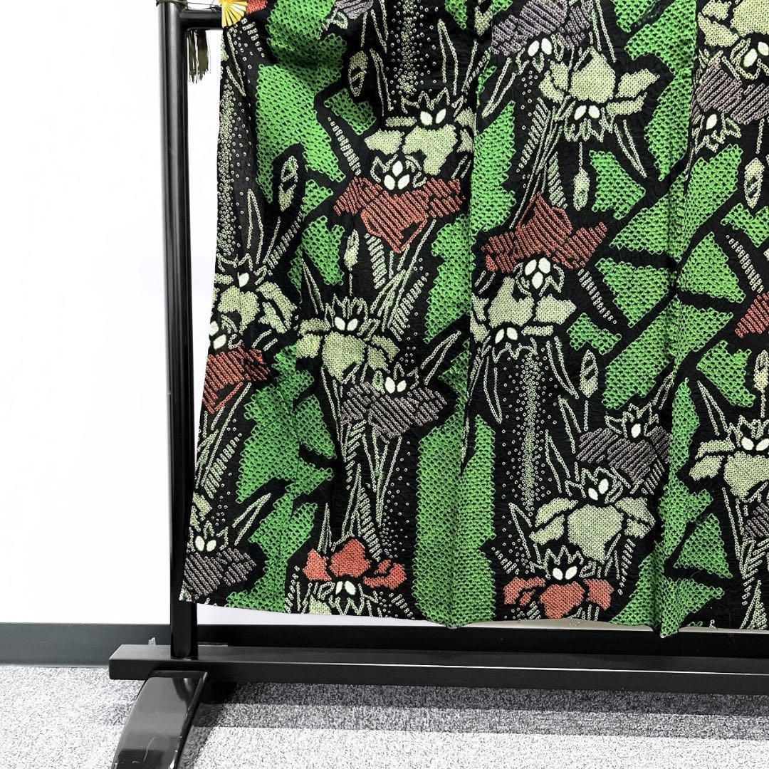 浴衣　有松鳴海絞り　菖蒲　花模様　グリーン　　着物　055w p