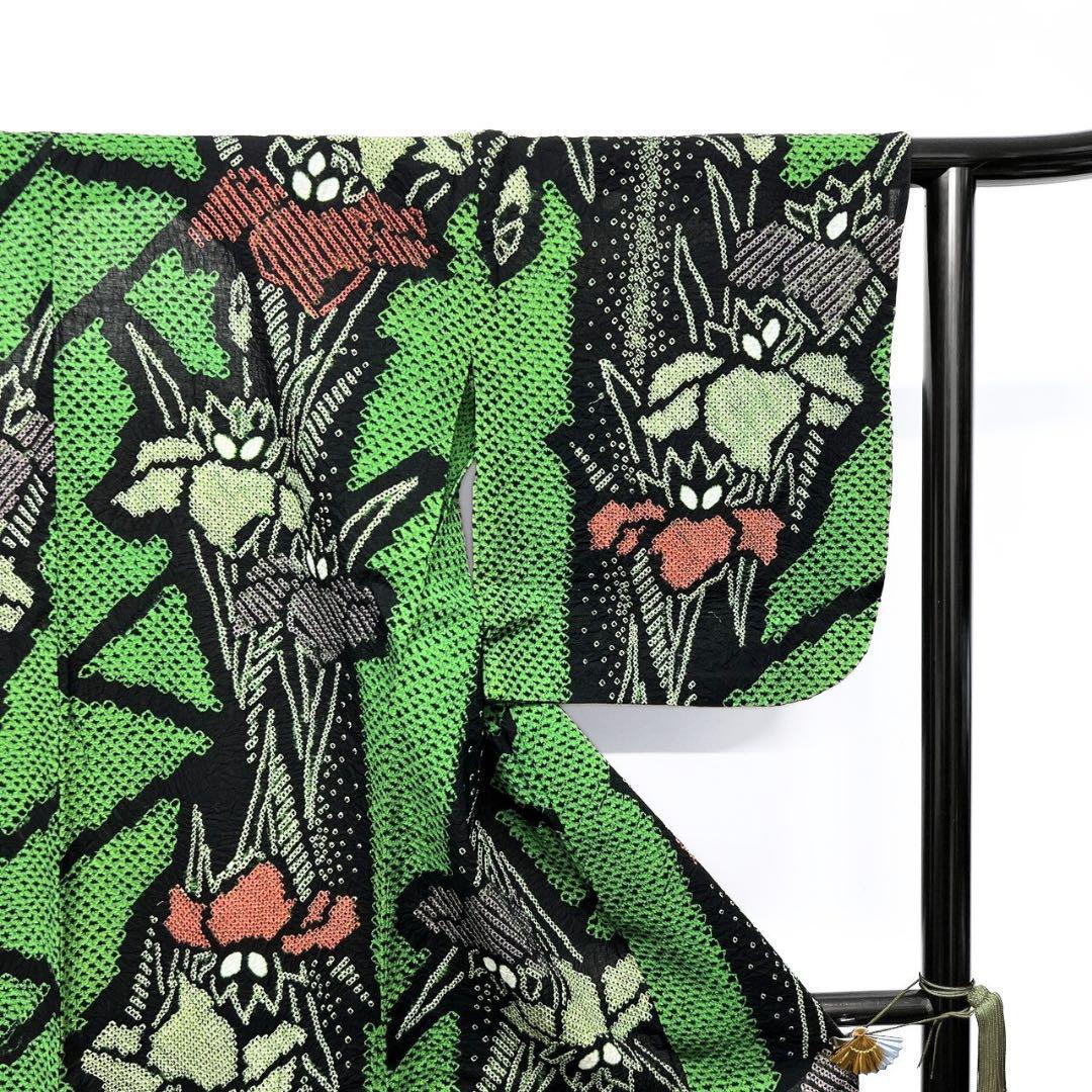 浴衣　有松鳴海絞り　菖蒲　花模様　グリーン　　着物　055w p