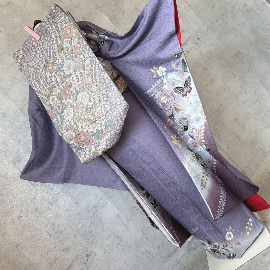 振袖　フルセット　正絹　辻が花　帯　襟　レース　薄紫　成人式　m3