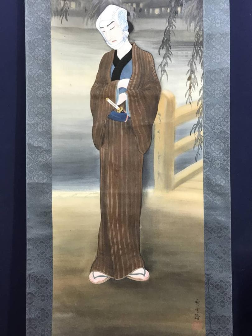 【真作】秀雪/歌舞伎役者絵/浮世絵/人物図/美人画/掛軸/名家伝来/AD-968