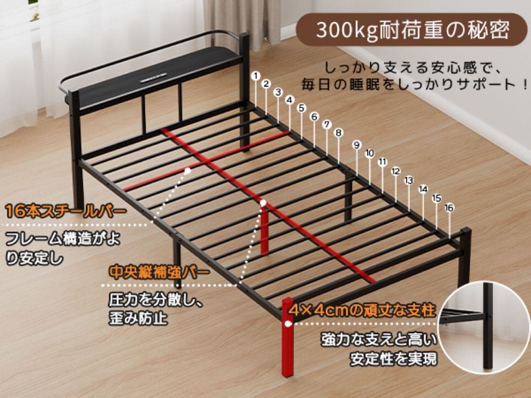 シングル♥ベッドフレーム ベッド 宮棚 2口コンセント USB&Type-C