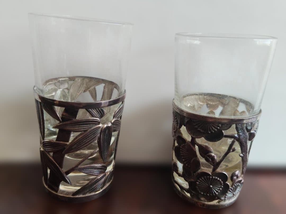 和製、シルバー、ガラス、酒器、2点セット、梅、笹