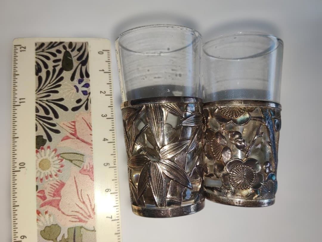 和製、シルバー、ガラス、酒器、2点セット、梅、笹