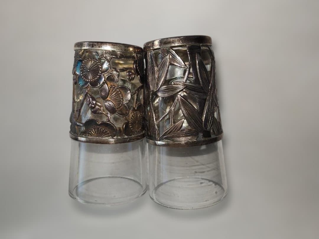 和製、シルバー、ガラス、酒器、2点セット、梅、笹