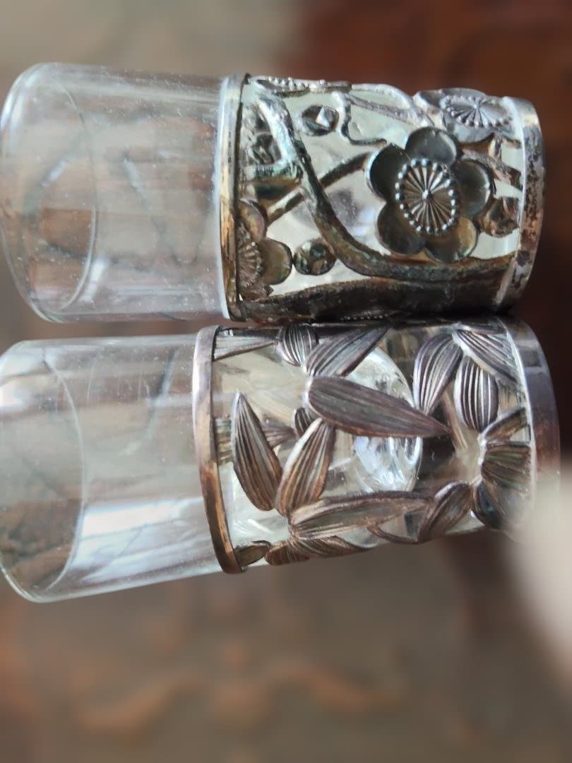 和製、シルバー、ガラス、酒器、2点セット、梅、笹