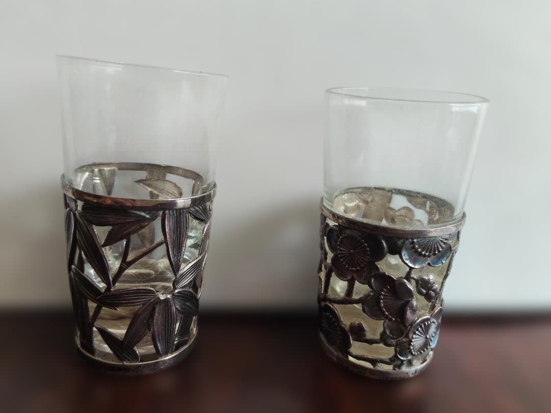 和製、シルバー、ガラス、酒器、2点セット、梅、笹